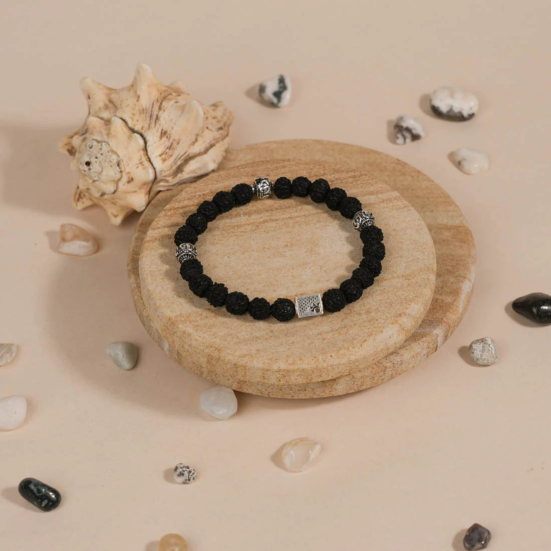 Black Rudraksha and Om Silver Beads Bracelet