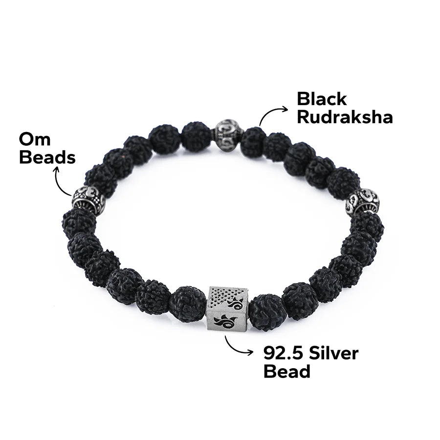 Black Rudraksha and Om Silver Beads Bracelet