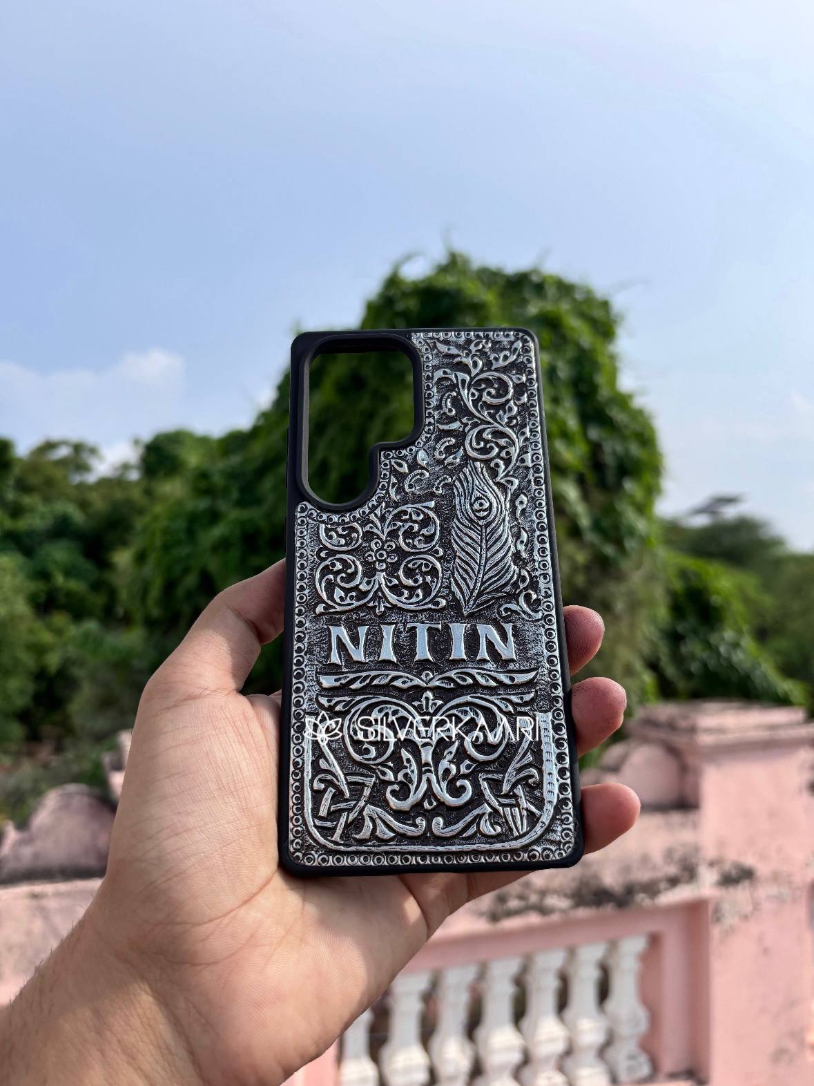 Mor Pankh with Name Silver Mobile Cover