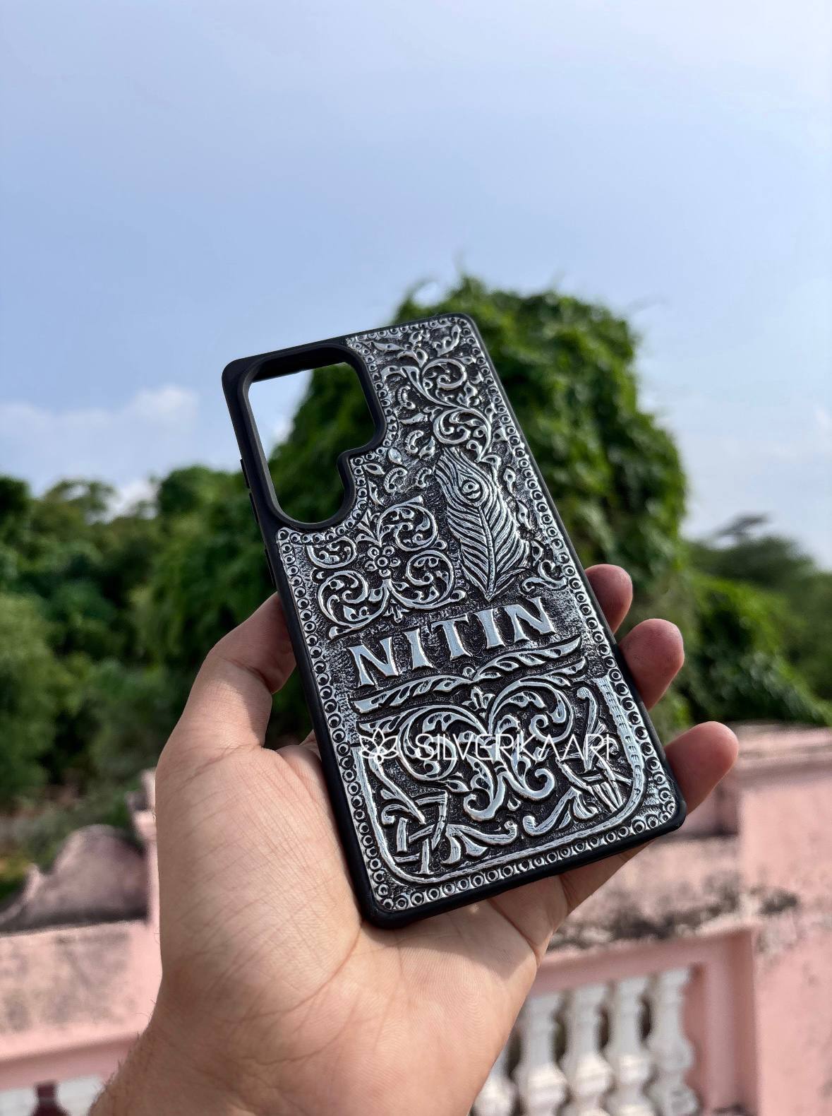 Mor Pankh with Name Silver Mobile Cover