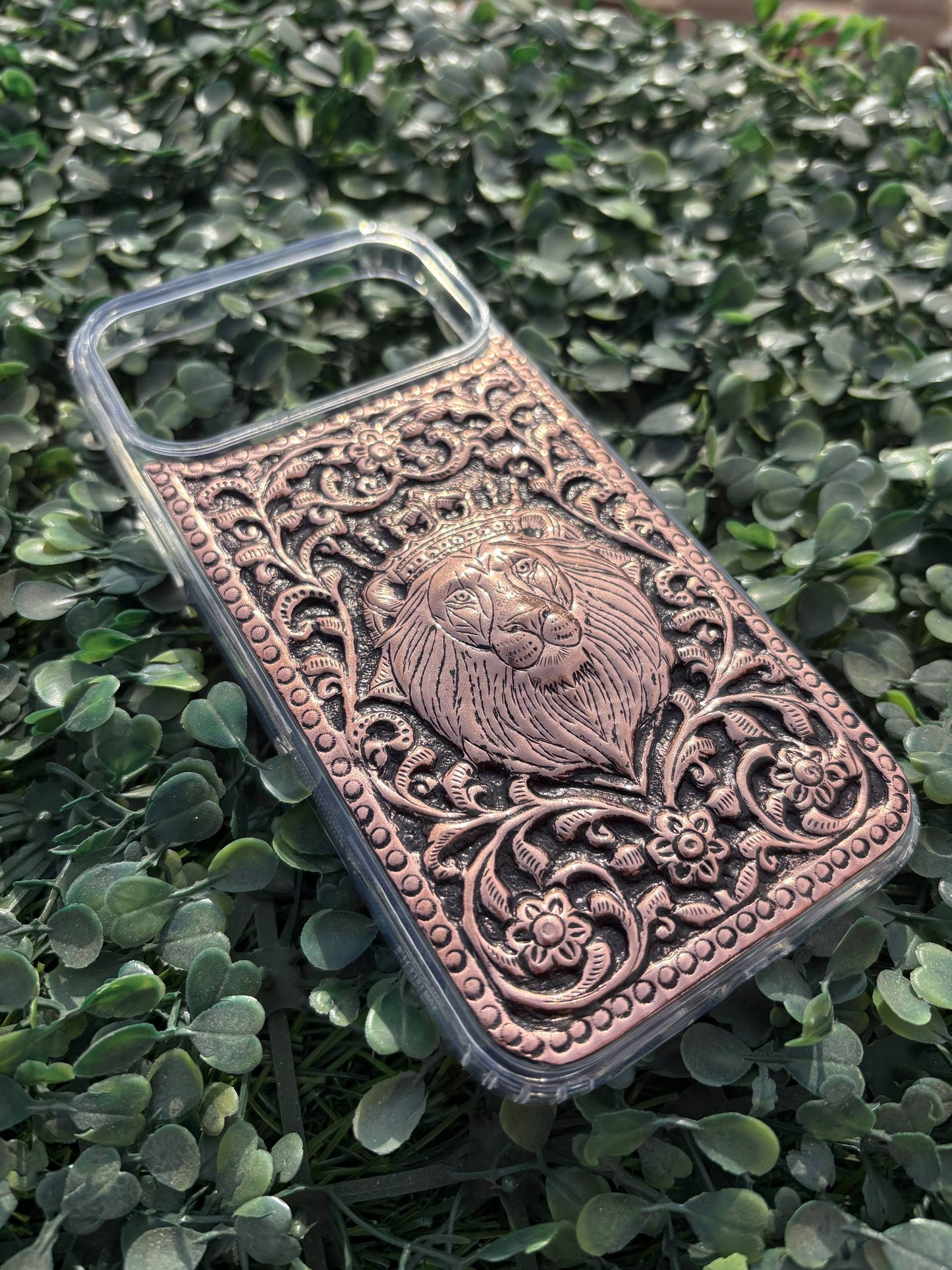 Lion Engraved Copper Mobile Cover