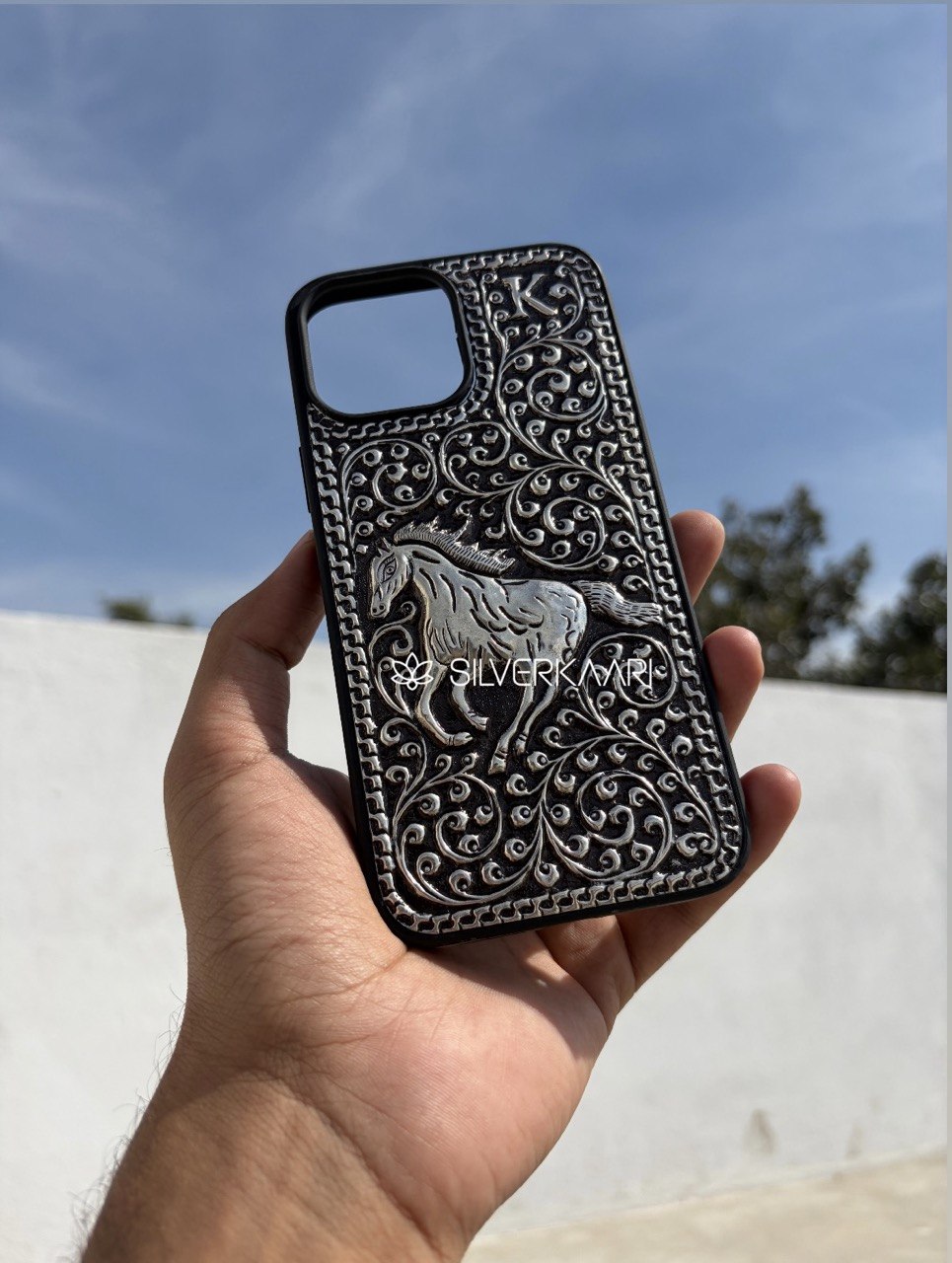 Horse Engraved 925 Silver Mobile Cover