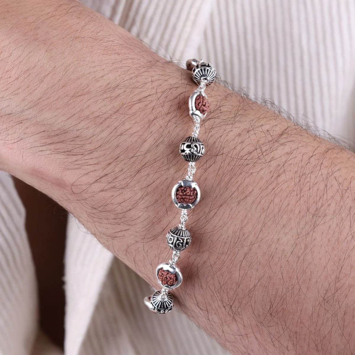 Rudraksha Silver Bracelet with 'Om Namah Shivaya' and Silver Caps