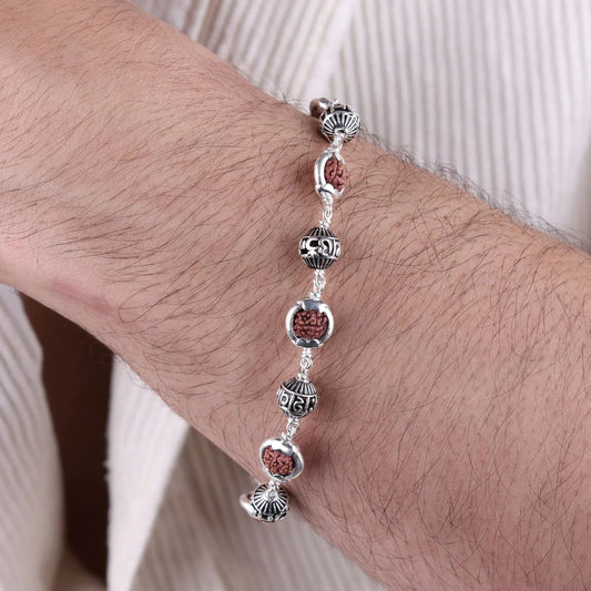 Rudraksha Silver Bracelet with 'Om Namah Shivaya' and Silver Caps