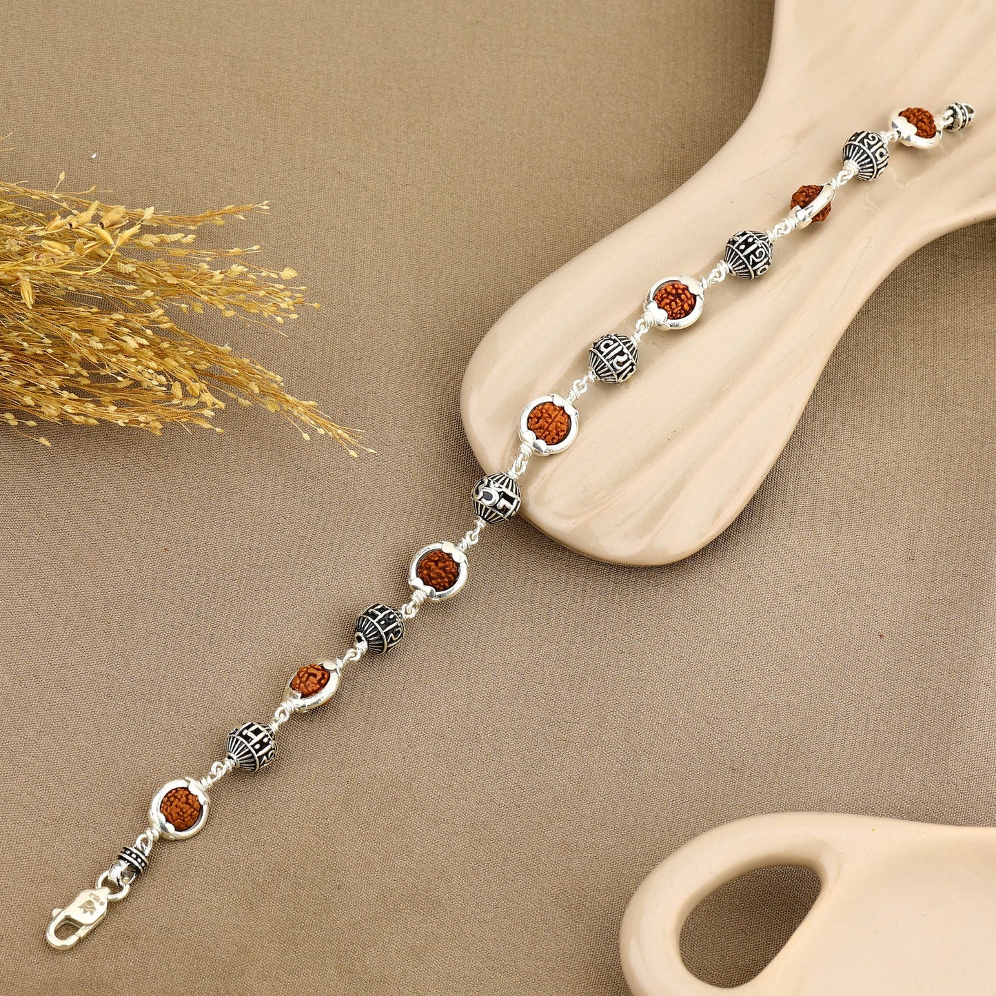 Rudraksha Silver Bracelet with 'Om Namah Shivaya' and Silver Caps