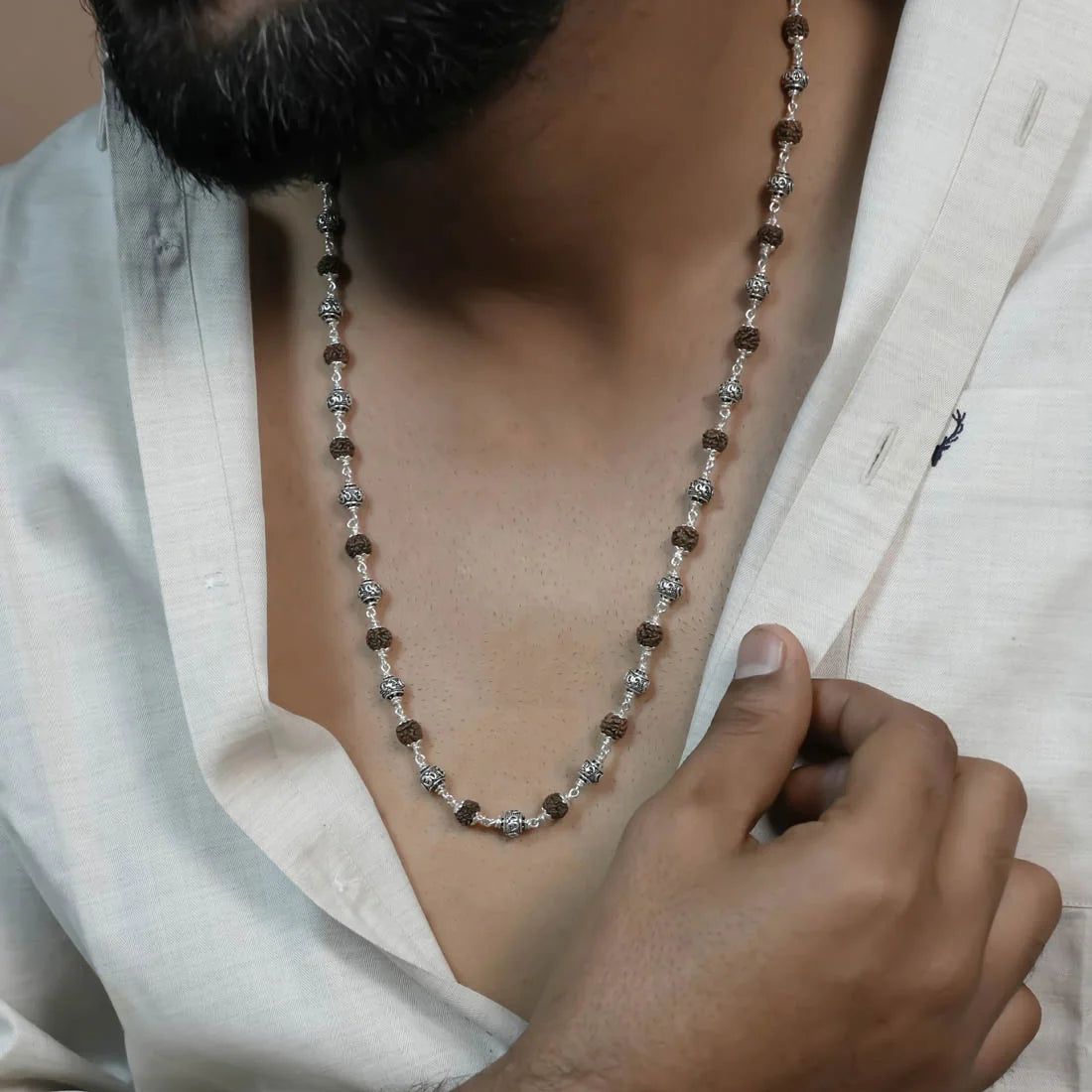 Rudraksha Silver Mala Om Beads