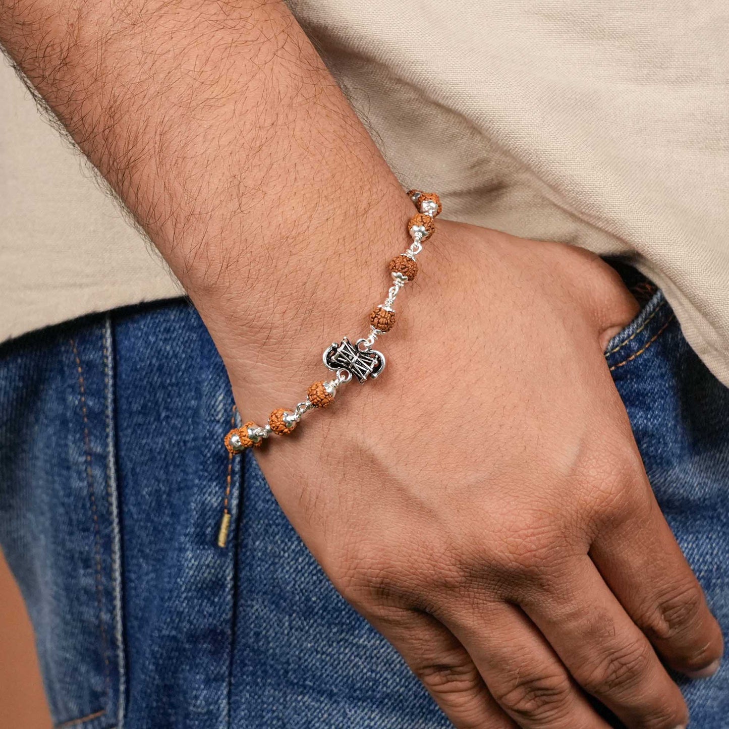 Rudraksha Silver Shiva Damru Bracelet Single