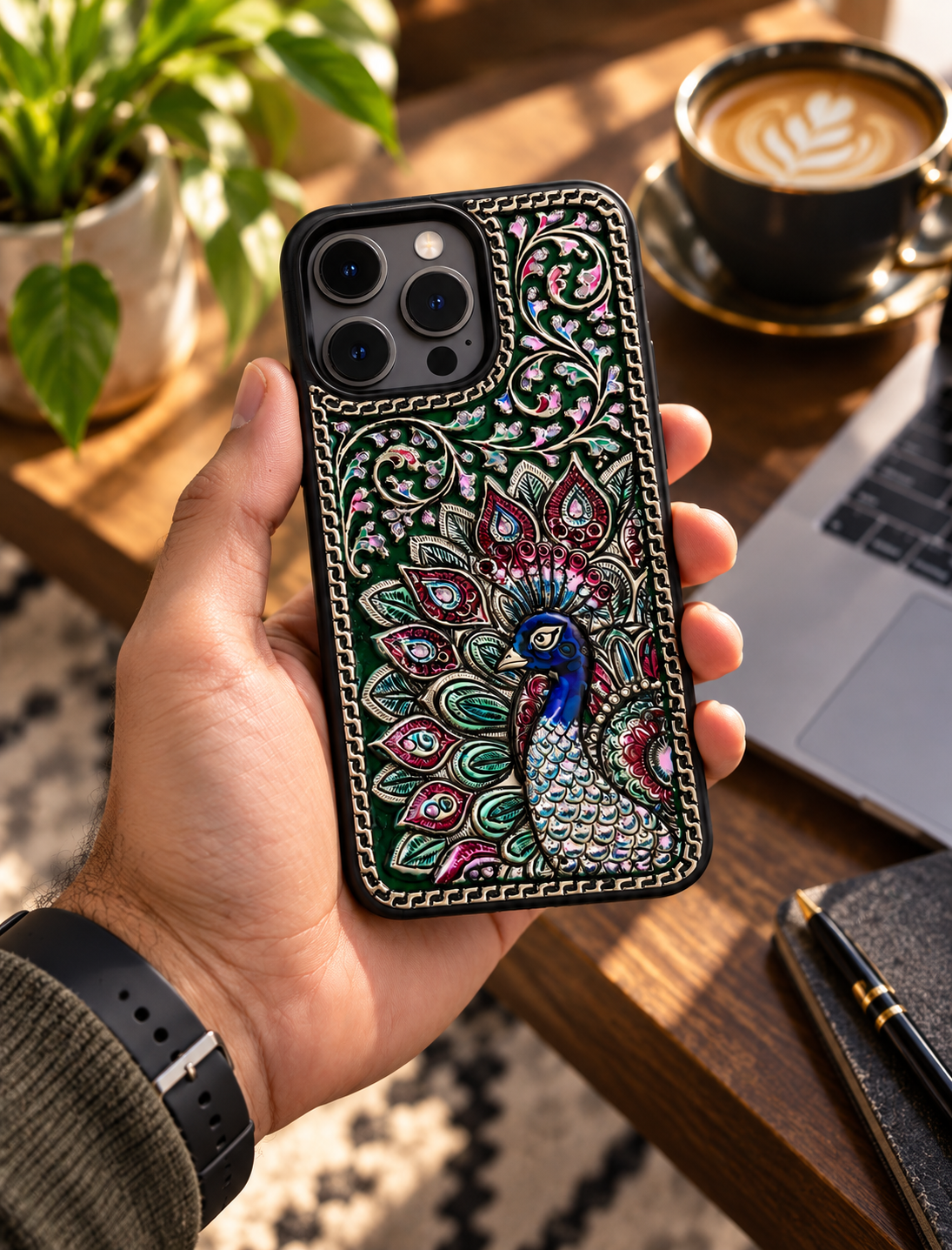 Peacock Meenakari 925 Silver Mobile Cover