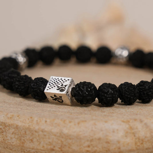 Black Rudraksha and Om Silver Beads Bracelet