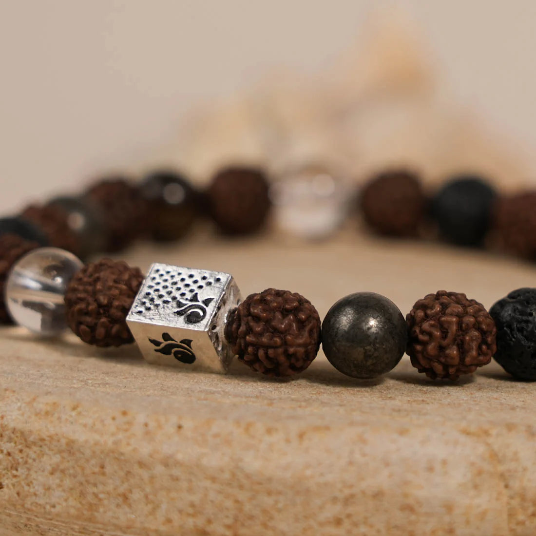Rudraksha with Lava, Pyrite & Sphatik Beads Bracelet