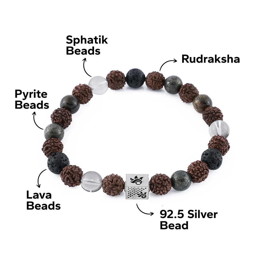 Rudraksha with Lava, Pyrite & Sphatik Beads Bracelet