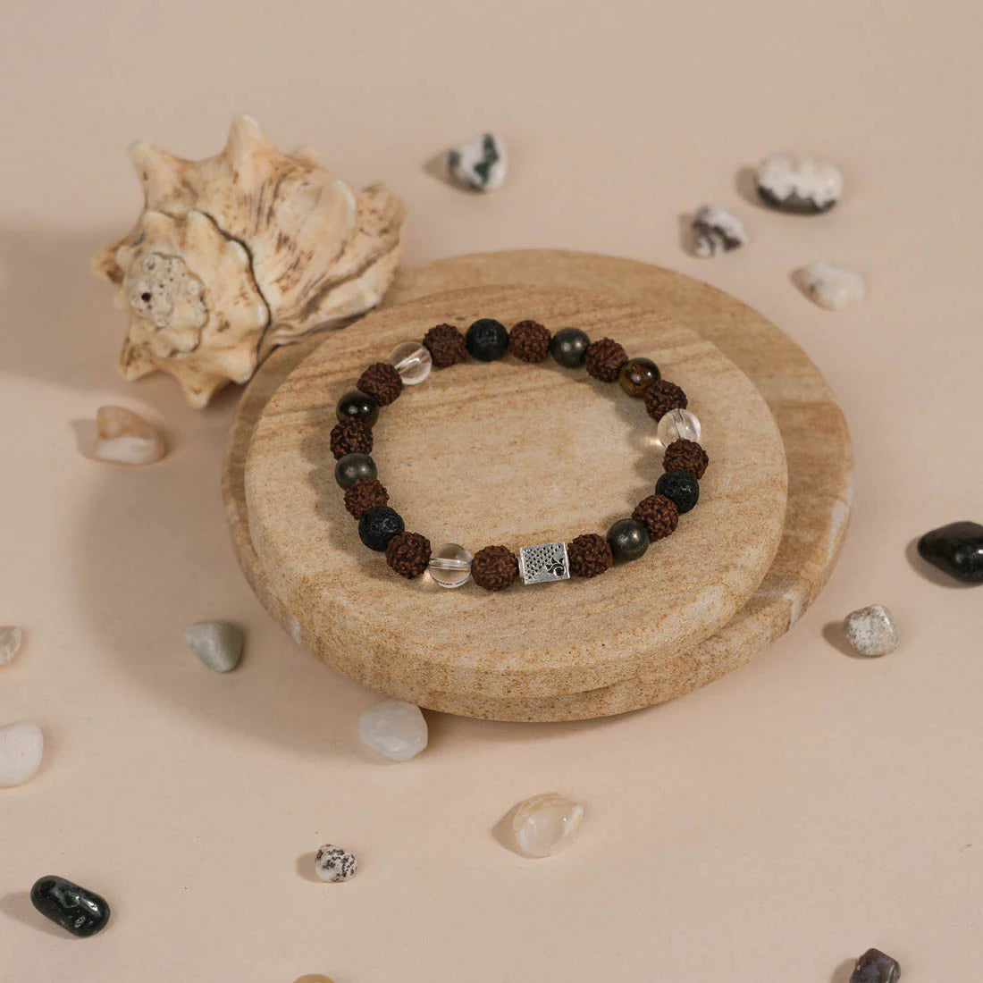 Rudraksha with Lava, Pyrite & Sphatik Beads Bracelet