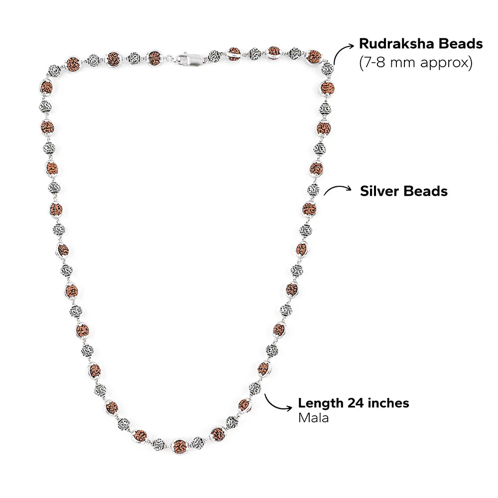 Rudraksha Capping Silver Mala (Om Beads)