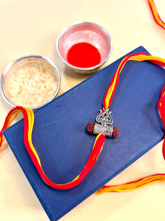 Shiva Trishul Rakhi with Rudraksh – 92.5 Silver Rakhi of Power & Protection
