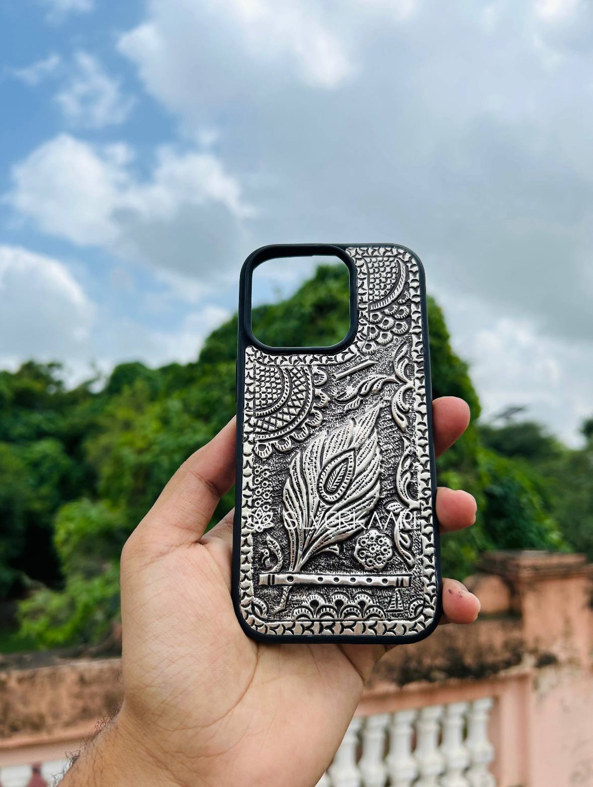 Mor Pankh with Flute Silver Mobile Cover