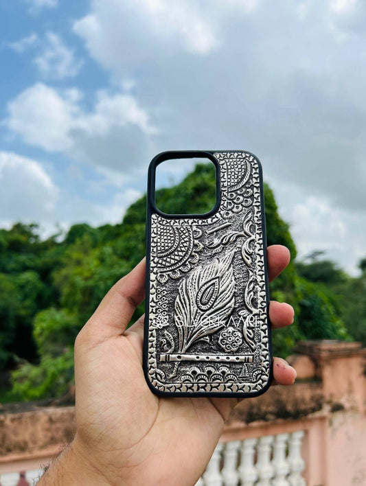 Mor Pankh with Flute Silver Mobile Cover