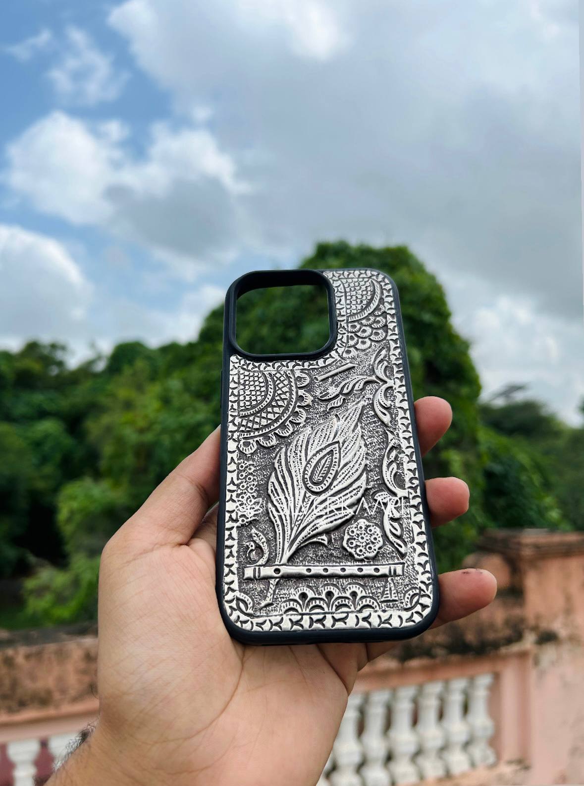 Mor Pankh with Flute Silver Mobile Cover