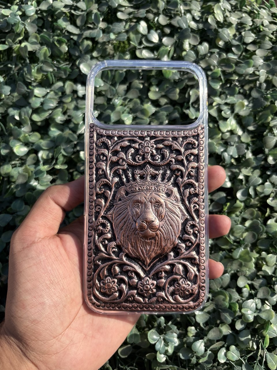 Lion Engraved Copper Mobile Cover