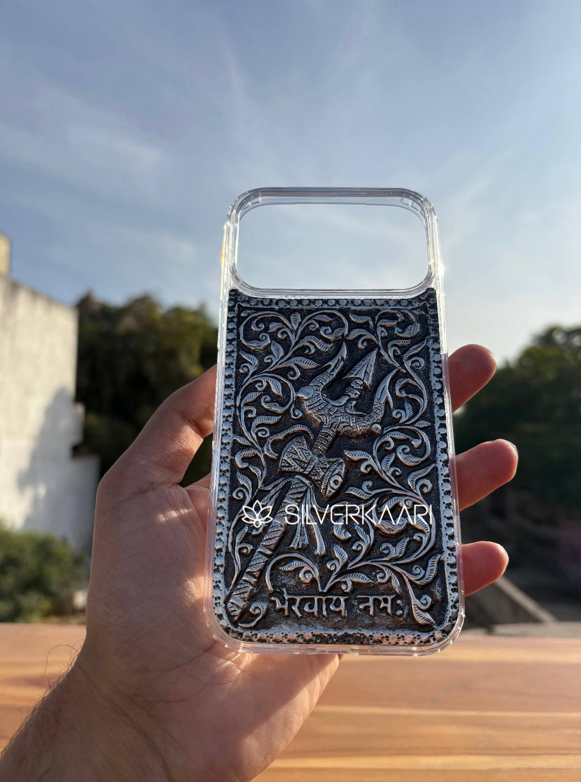 Bhairavaya Namah Silver Mobile Cover with Shiv Trishul