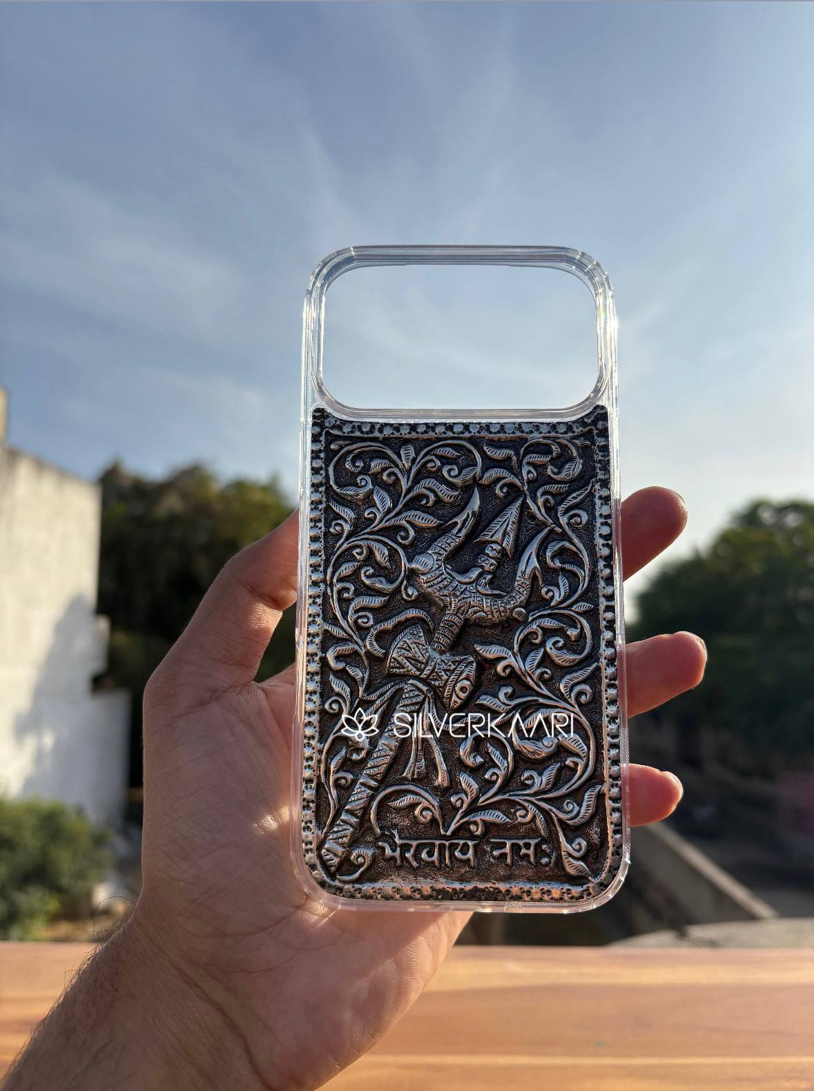 Bhairavaya Namah Silver Mobile Cover with Shiv Trishul