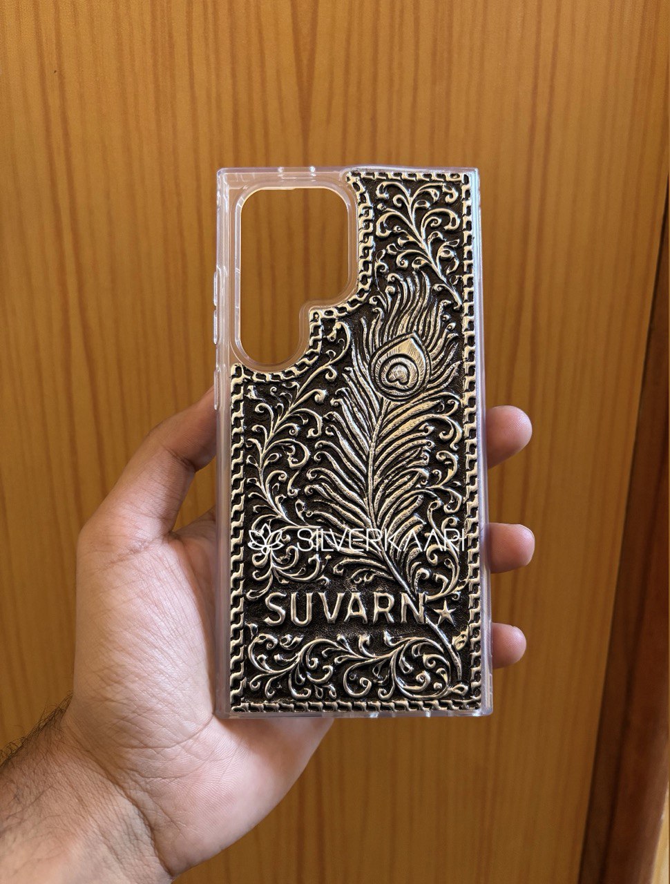 Peacock Feather Personalized Silver Mobile Cover