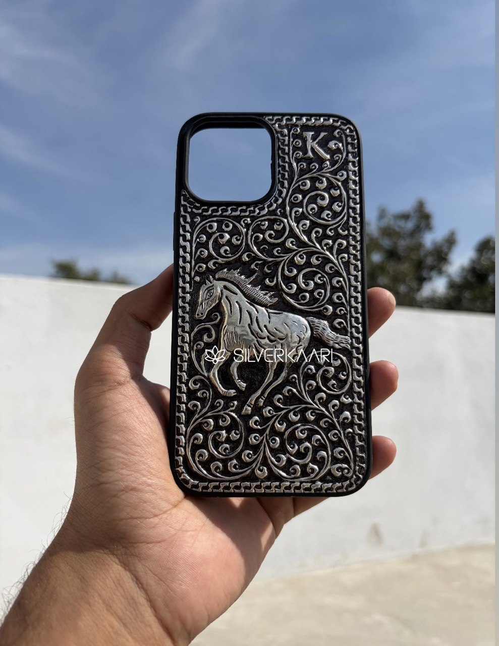 Horse Engraved 925 Silver Mobile Cover