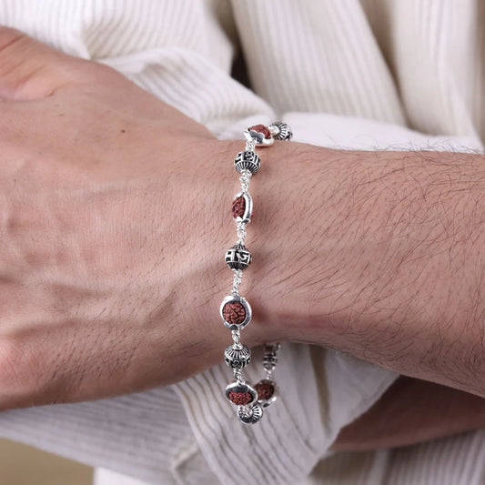 Rudraksha Capping Silver Jay Shree Ram Silver Bracelet