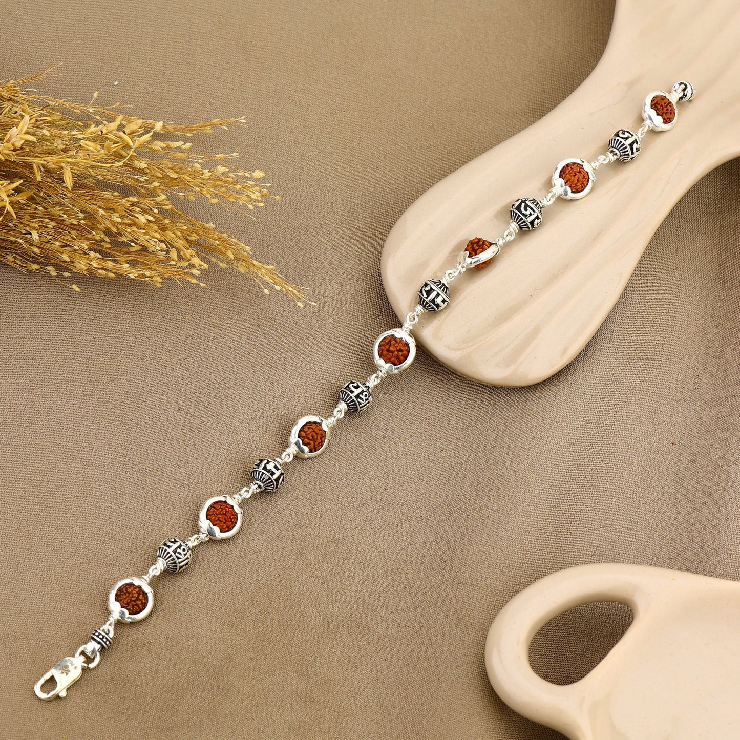 Rudraksha Capping Silver Jay Shree Ram Silver Bracelet