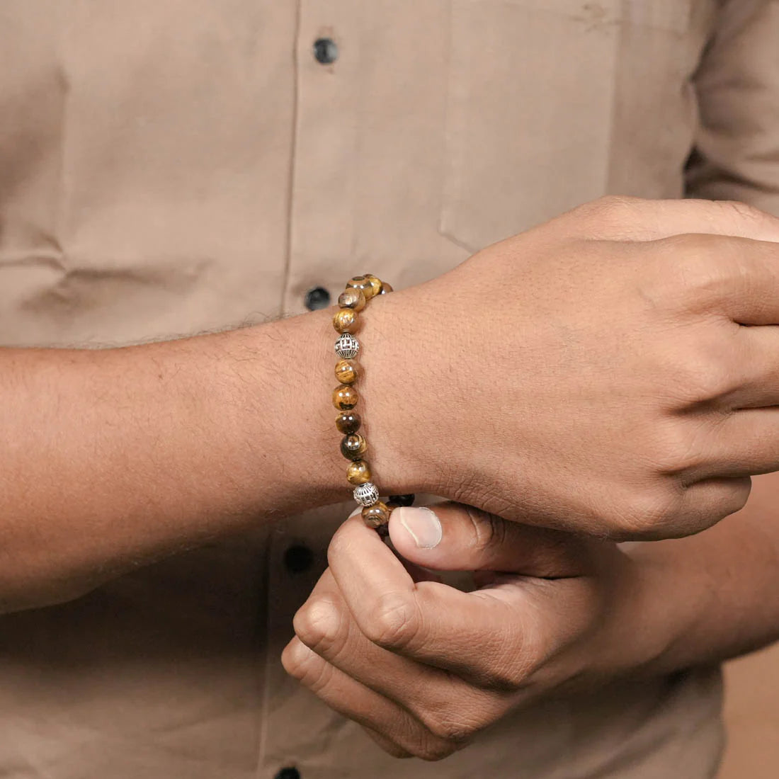 Tiger Eye Bracelet with Om Namah Shivaya Silver Beads